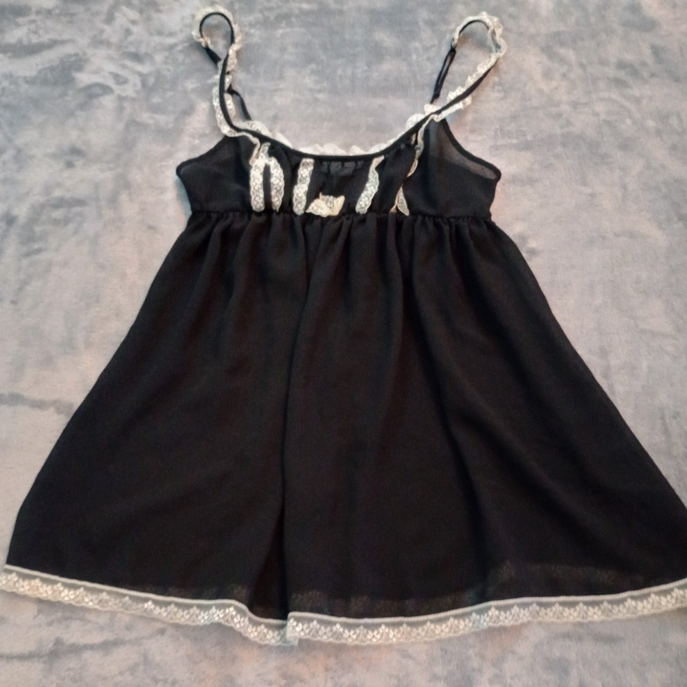 Victoria's Secret Black Babydoll Coquette Top Nightie Sexy Lace Trim Sz XS Slip‎